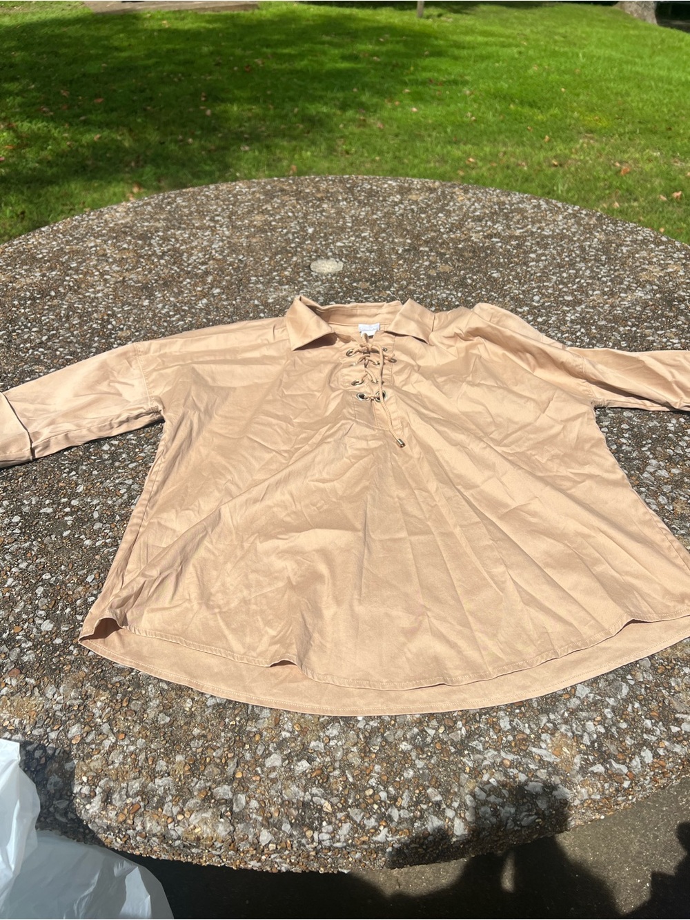 Chico's Lace-Up Collared Tan Blouse 3/4 Cuffed Sleeves Size Large Safari Style